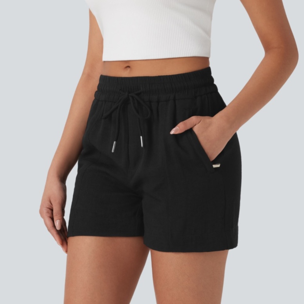 Halara Mid Rise Drawstring Linen-Feel Shorts with Side Zip Pockets